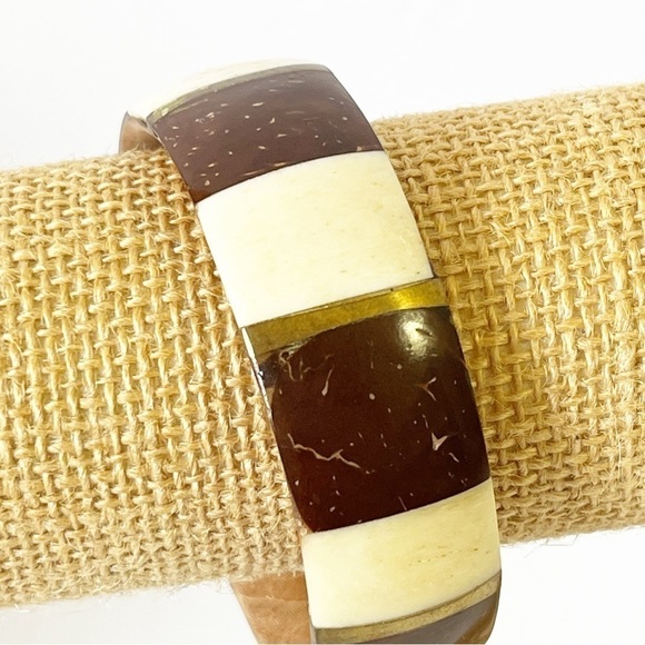 Vintage De Renaudin Natural Horn Bangle Bracelet Cuff Canada Brown Cream Boho - Picture 1 of 9